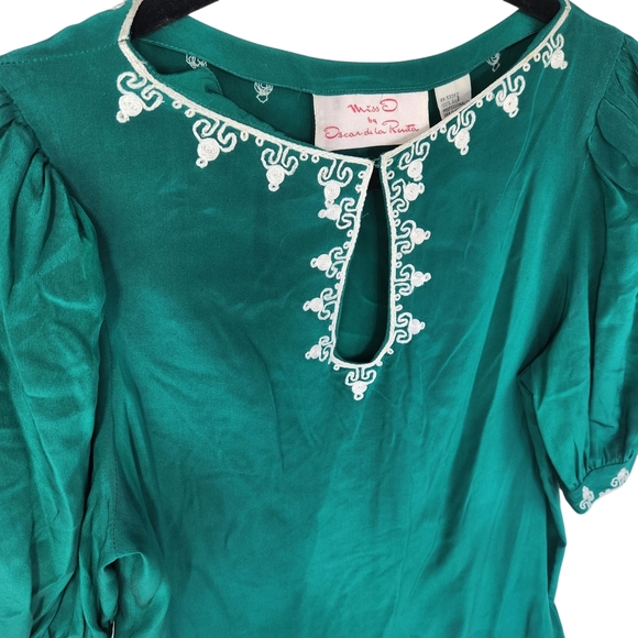 Miss D By Oscar de la Renta Emerald Silk Blouse White Embroidery Vintage 8 - Picture 5 of 12